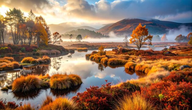 Lac tranquille entour&eacute; de collines automnales sous une brume matinale douce, paysage naturel serein avec v&eacute;g&eacute;tation orang&eacute;e et reflets dans l'eau calme