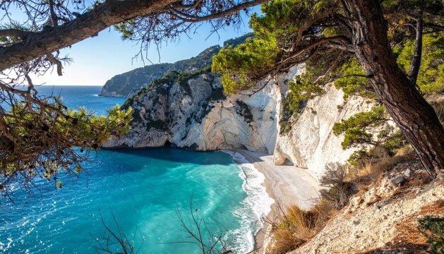 Falaises blanches escarp&eacute;es surplomb&eacute;es de pins m&eacute;diterran&eacute;ens face &agrave; une mer turquoise cristalline, paysage c&ocirc;tier sauvage et spectaculaire sous un ciel d&eacute;gag&eacute;