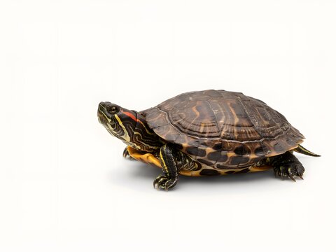 Close-up of a red-eared slider turtle walking on white background for pet care or wildlife study