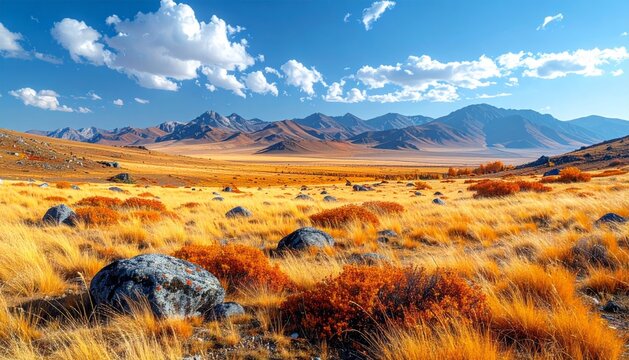 Vaste steppe dor&eacute;e &agrave; haute altitude en Asie avec des collines ondulantes et des montagnes bleut&eacute;es &agrave; l'horizon sous un ciel bleu clair