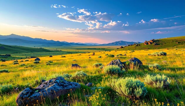 Vaste prairie verdoyante sous un ciel bleu parsem&eacute; de nuages blancs, paysage naturel paisible avec collines douces et v&eacute;g&eacute;tation sauvage &agrave; perte de vue