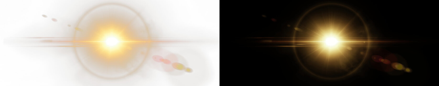 Golden lens flare overlay with bright sun rays and glowing light circles, cinematic optical effect with soft radiant glow for photography, digital compositing, graphic design and visual effects
