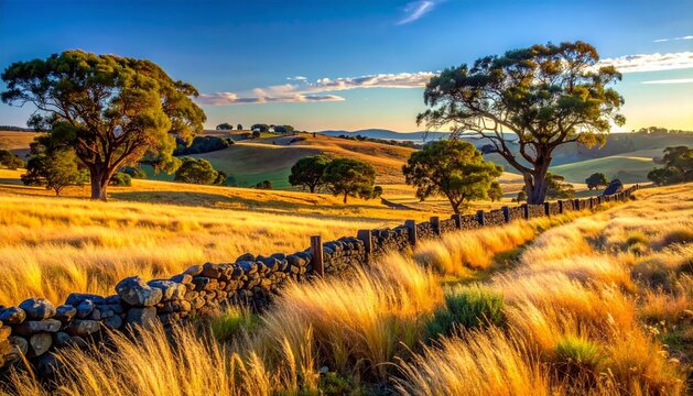 Paysage rural pittoresque d'une campagne dor&eacute;e avec un arbre solitaire, une cloture en pierre ancienne et des collines ondulantes sous un ciel bleu parseme de nuages, evoquant la tranquillite de la vi