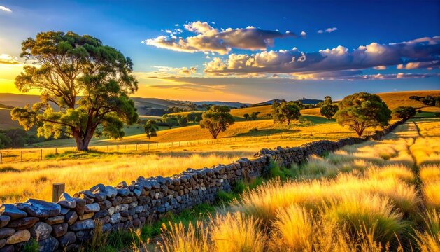 Champ vibrant de fleurs jaunes sauvages s'etendant a perte de vue avec un arbre solitaire au loin sous un ciel bleu parseme de nuages blancs, evoquant la joie et la vitalite du printemps rural
