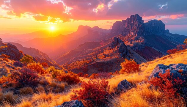 Montagne majestueuse aux teintes violettes sous un coucher de soleil orang&eacute; spectaculaire, paysage automnal dramatique avec v&eacute;g&eacute;tation dor&eacute;e