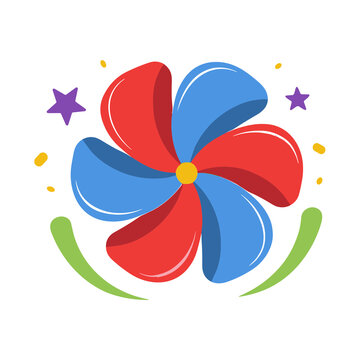 Red and blue pinwheel with stars and confetti