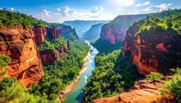 Canyon spectaculaire en Asie du Sud avec parois rocheuses rouge fonc&eacute; encadrant une rivi&egrave;re verte sinueuse sous un ciel bleu parsem&eacute; de nuages blancs