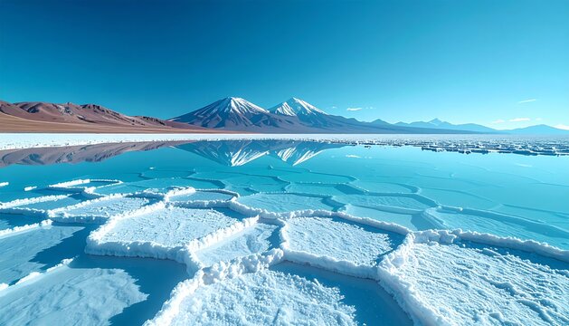 Lac gele aux eaux turquoise cristallines craquelees en motifs geometriques naturels avec des montagnes enneigees a l'horizon