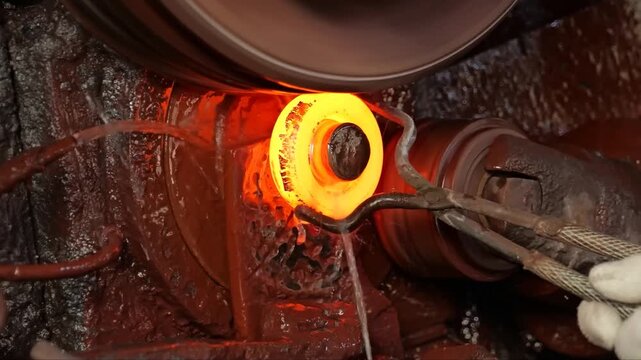 Industrial steel ring rolling process showing hot glowing metal rings being formed by heavy machinery and cooling on a metal rack inside a production facility