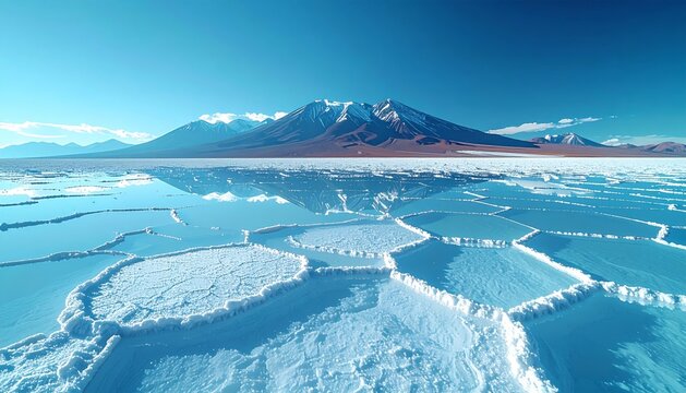 Salar de Bolivie a perte de vue avec ses motifs hexagonaux naturels de sel blanc et une montagne enneigee a l'horizon sous un ciel bleu clair