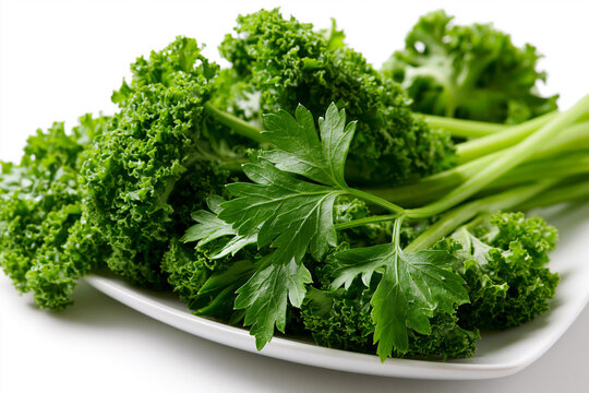 Kale and parsley on a white plate