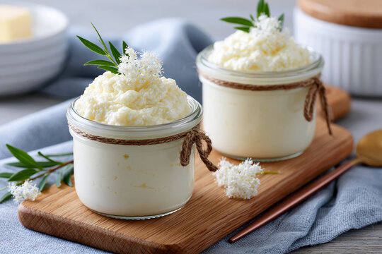 Creamy dessert in glass jars on a wooden board