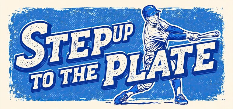 Vintage baseball poster featuring a dynamic player illustration and vibrant blue and white colors.