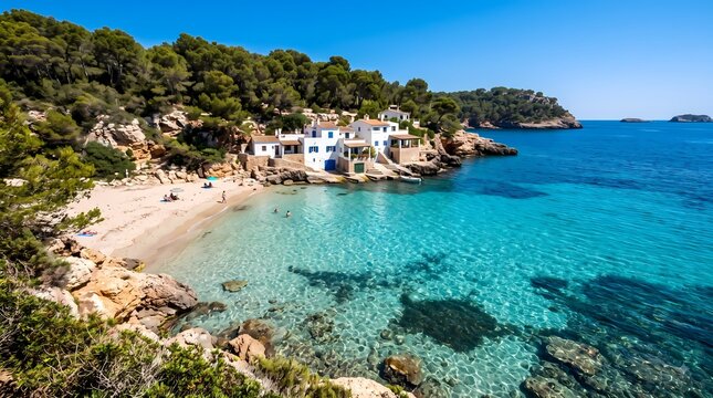 Mediterranean Coastal Beach. Turquoise Sea and Sandy Cove. Scenic Island Vacation Destination. Aerial Landscape Photography