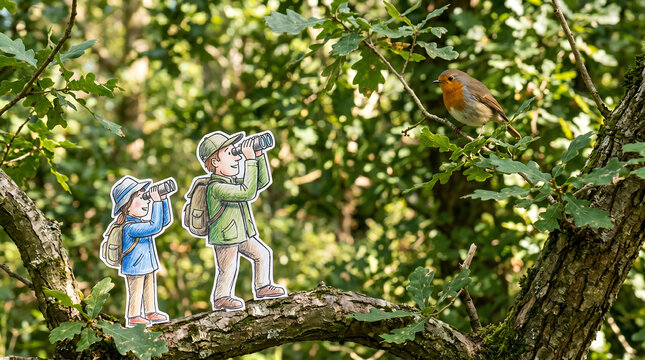 Birdwatchers hold binoculars while observing a small robin perched on a branch within the forest.