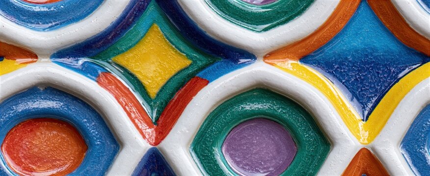 Colorful ceramic tiles featuring detailed geometric patterns and a glossy finish ideal for decorative interiors.
