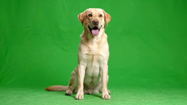 Front-facing yellow labrador sitting against green backdrop