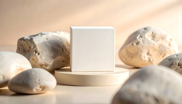 Blank white cube box mockup on round podium with natural stones.