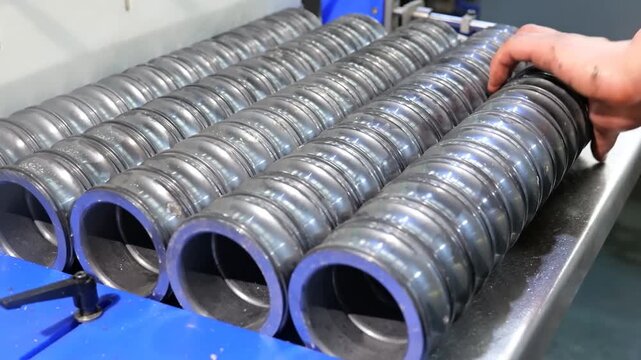 Industrial metal cylindrical alignment process showcasing precise roller mechanisms, automated assembly sorting tracks, and mechanical component positioning systems inside a manufacturing workshop pla