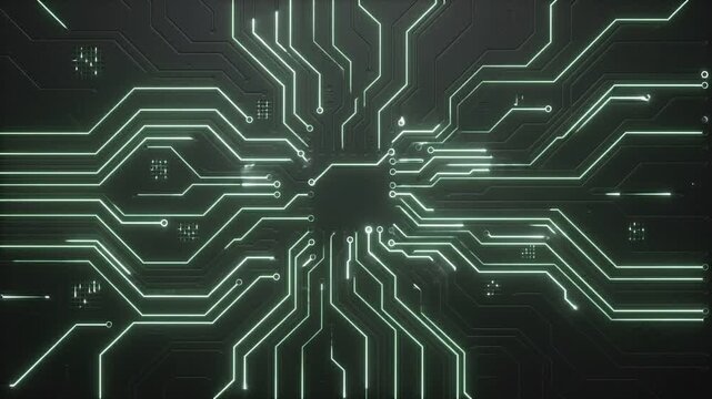 Glowing green electronic circuits pulsing data signals across a dark microchip motion animation