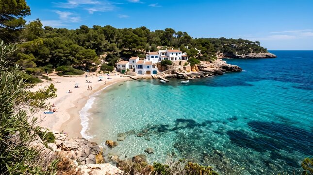 Tropical Mediterranean Beach. Turquoise Sea and Sandy Cove. Coastal Summer Travel Destination. Aerial Landscape Photography