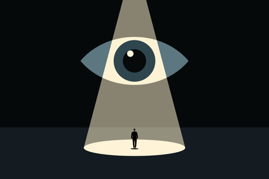 Businessman standing under a spotlight watched by a giant eye, symbolizing surveillance, privacy, scrutiny, control, security, awareness, and being observed. Vector illustration.