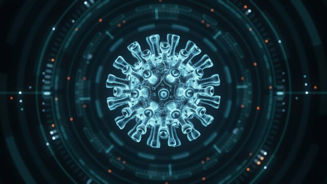 Microscopic view of viral structure with blue glowing digital interface overlay microscopic technology interface