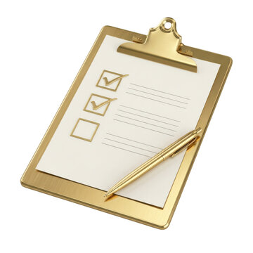 Golden clipboard with checklist and pen isolated on transparent background
