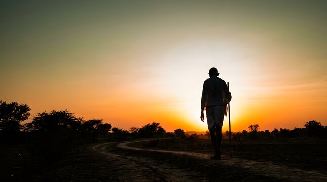 Gandhi Jayanti celebration with a man walking on a path at sunset