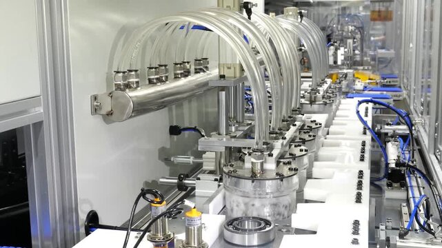 Industrial manufacturing machinery sorts, transports, and presses metallic ball bearings using blue conveyor belts and automated pneumatic systems in a factory plant