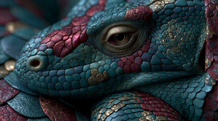 Naklejka premium Mystical Dragon Eye and Textured Scales Close-up