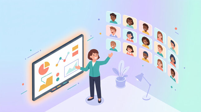 Virtual Classroom Illustration Teacher Leading Online Class