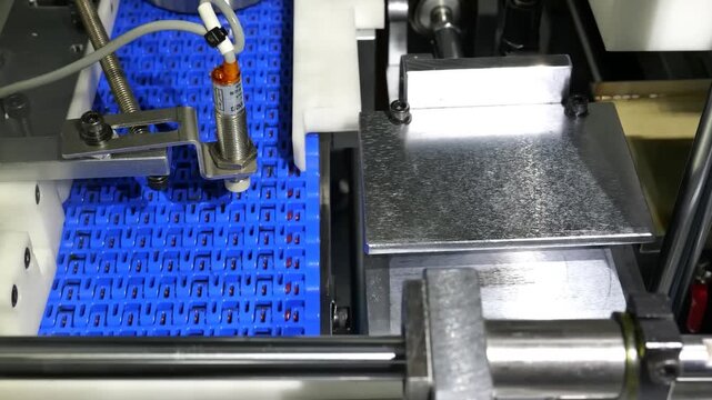 Industrial manufacturing machinery sorts, transports, and presses metallic ball bearings using blue conveyor belts and automated pneumatic systems in a factory plant