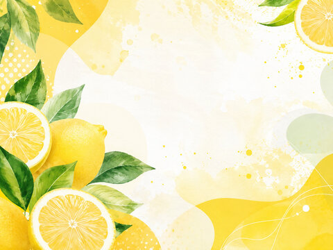 Fresh yellow lemons with green leaves and watercolor splashes, creating a vibrant citrus summer background template.
