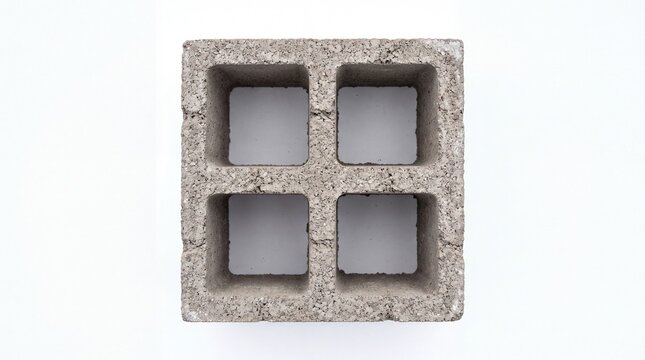 Heavy square grey concrete cinder block showing hollow structural chambers captured from above in studio lighting on white background