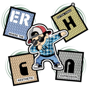 Cool dabbing boy character with letter cards typography t-shirt design vector