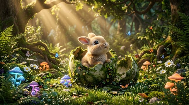 3D Digital Illustration Cute Bunny inside Egg Shell in Enchanted Forest Fantasy Painting