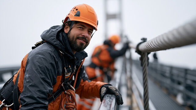 Bridge inspection engineer and a colleague moving carefully along a suspension crossing access walkway in winter rain, one pausing to brace against a support cable, both wearing