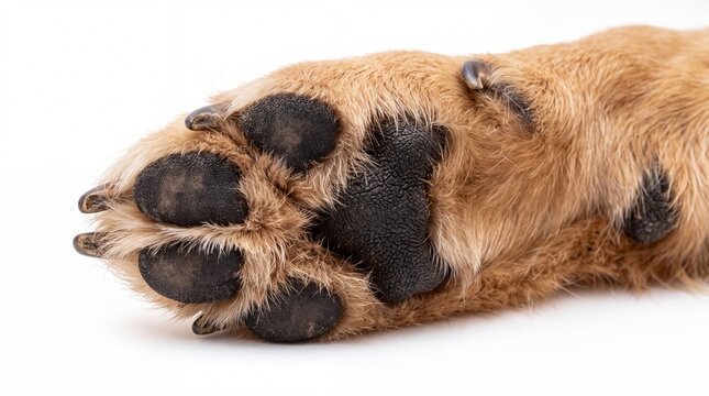 Detailed close up photograph of fluffy golden dog paw pad with sharp dark claws isolated on white background