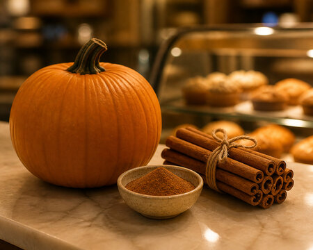 Pumpkin, cinnamon sticks and ground nutmeg on bakery counter, cozy fall flavors concept