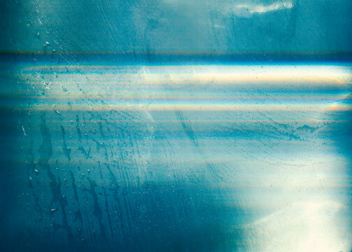 Ice surface with water drops, glitch effect background. Abstract cold grunge texture.