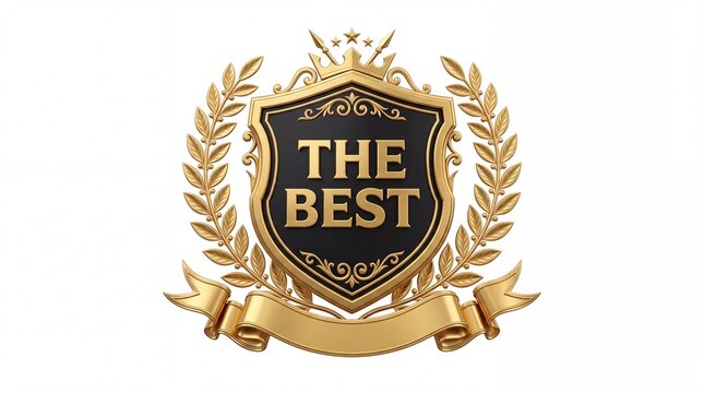 Golden shield emblem featuring decorative laurel wreaths and a premium scroll banner showcasing luxury design elements isolated on white background