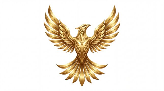 Majestic golden phoenix rising with intricately detailed metallic wings displayed in a symmetrical posture as a refined illustration on white background
