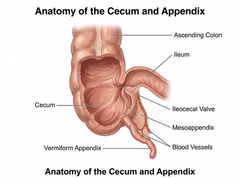 Medical illustration of the human digestive system, highlighting the appendix attached to the cecum in the lower right abdomen. 