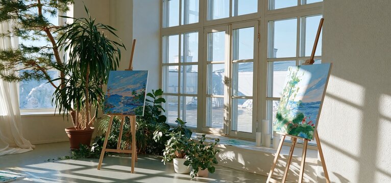 A sunlit studio with canvas displays of colorful nature art and abundant plants by large windows, creating a calm creative environment.
