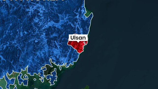 South Korea map animation highlights Ulsan region motion graphics video clip