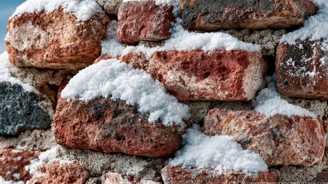 Textured Red Brick Wall Covered in Fresh Winter Snow
