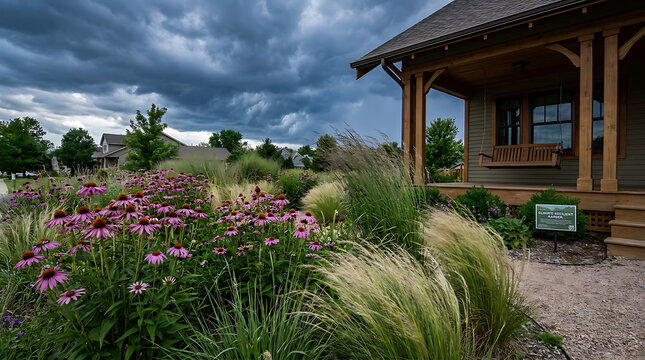 Purple coneflowers and switchgrass by an American porch under storm sky