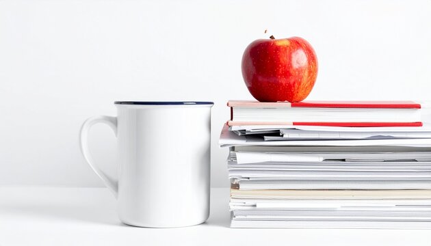 Back to school teacher essentials with a red apple, mug and ungraded papers on a pure white background