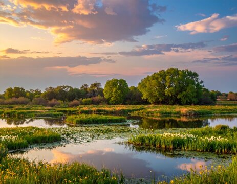Zone humide magnifique pr&eacute;sentant de vastes marais avec des roseaux, une eau calme et une biodiversit&eacute; riche sous un ciel nuageux dramatique